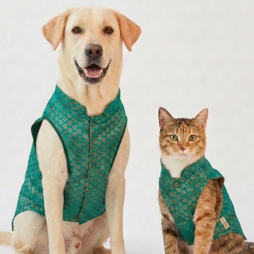 Skatrs Brocade Gold Printed Sherwani for Dogs and Cats (Teal)