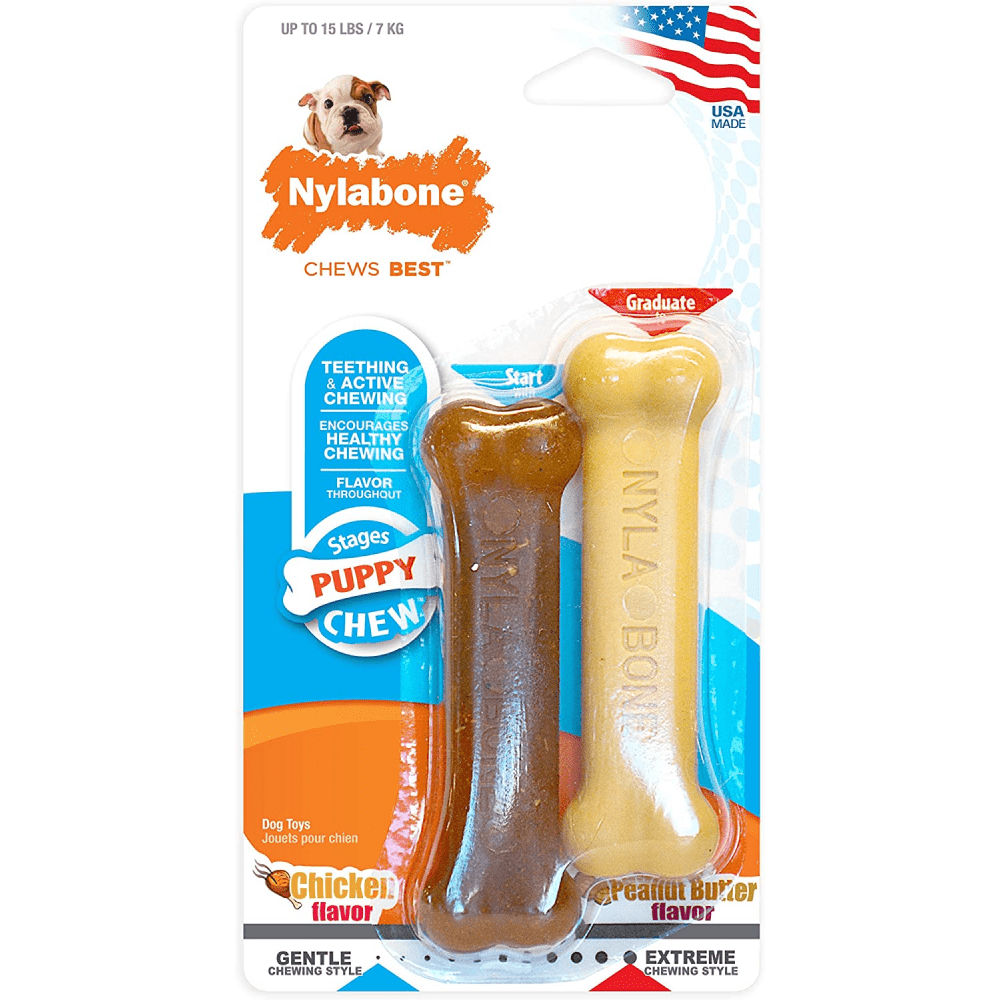 Nylabone Puppy Teething Peanut Butter and Chicken Flavoured Chew and Power Chew Bone Toy for Dog (Brown/Beige) | For Aggressive  Chewers