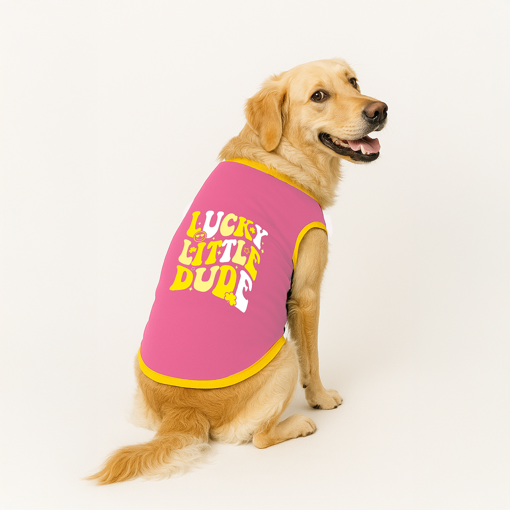 PawsIndia Lucky Little Dude Printed with Ribbed Sleeves TShirt for Dogs (Pink) image 1