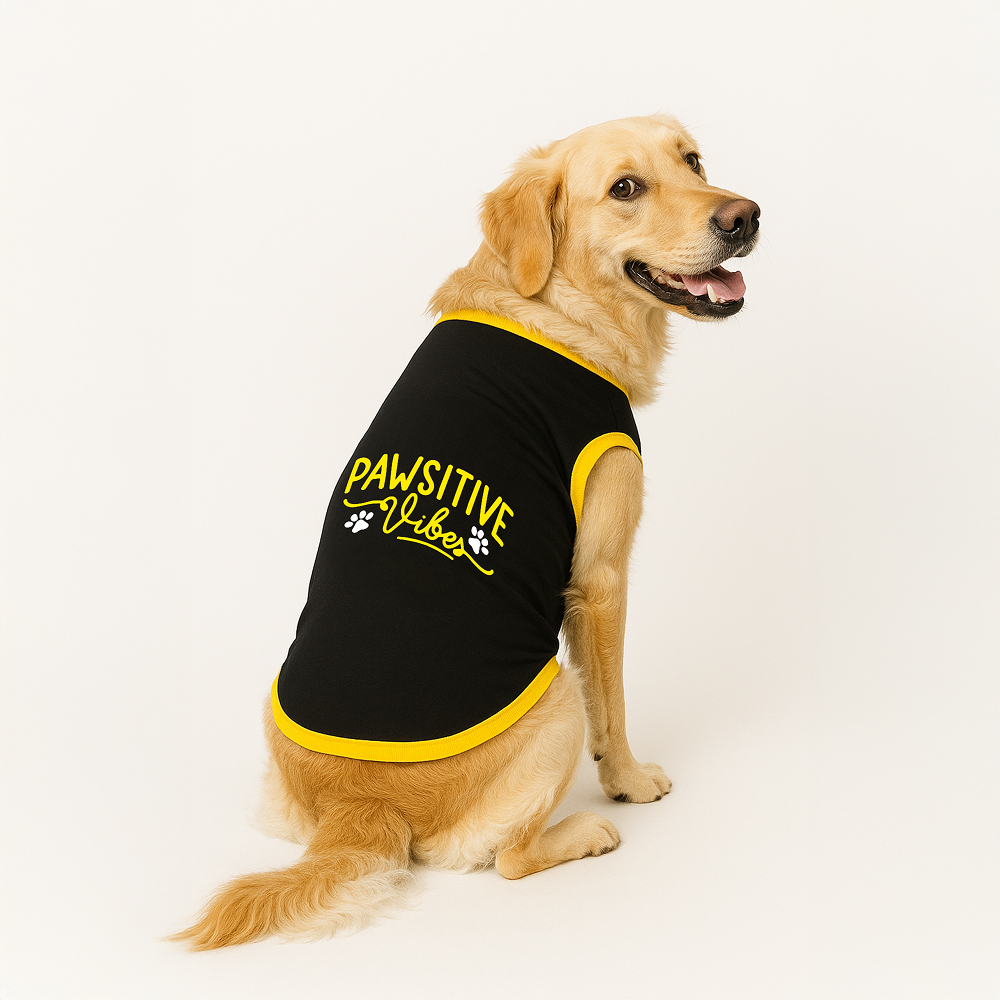 PawsIndia Pawsitive Vibes Printed with Ribbed Sleeves TShirt for Dogs (Black)