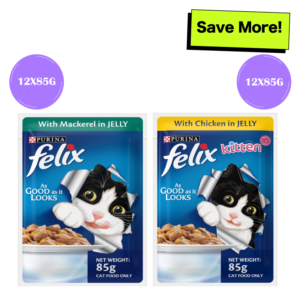 Purina Felix with Mackerel in Jelly Adult and Chicken in Jelly Kitten Cat Wet Food Combo image 1