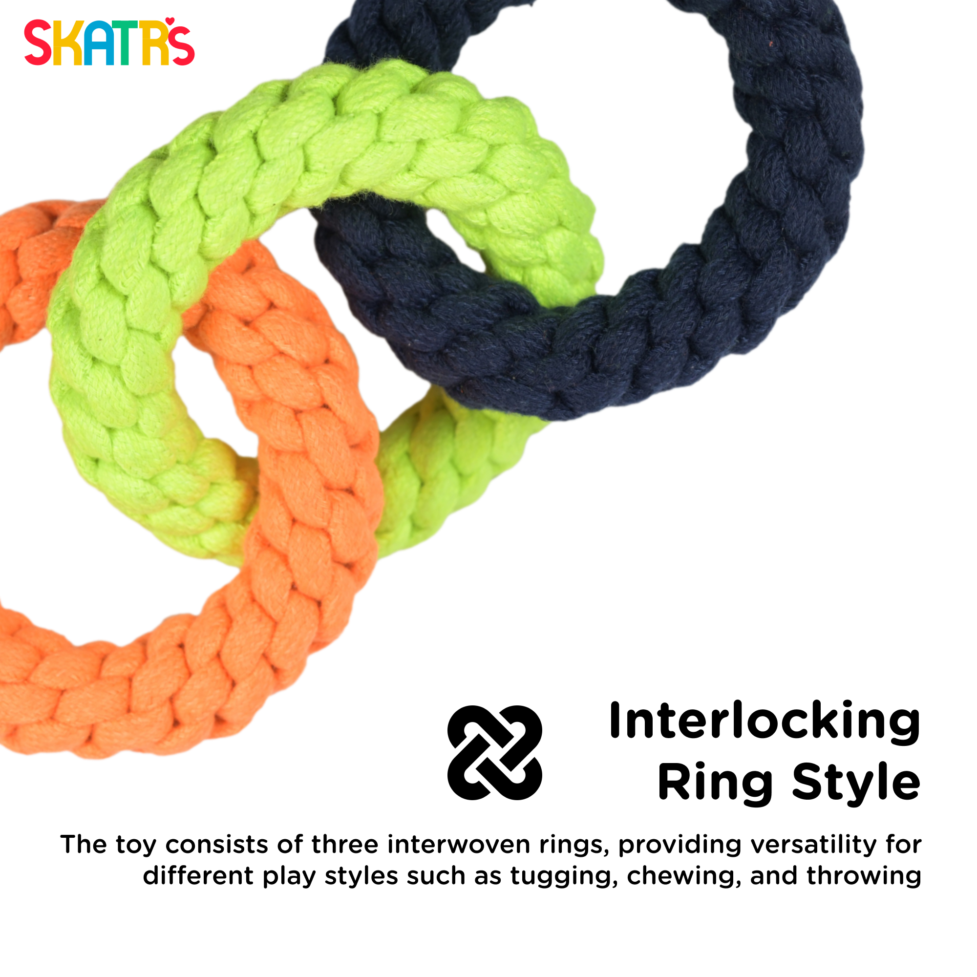 Skatrs Triple Ring Rope Chew Toy for Dogs and Cats (NeonGreen/Blue/Orange) image 2
