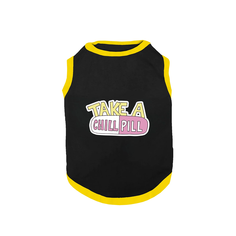 PawsIndia Take A Chill Pill Printed with Ribbed Sleeves TShirt for Cats (Black)