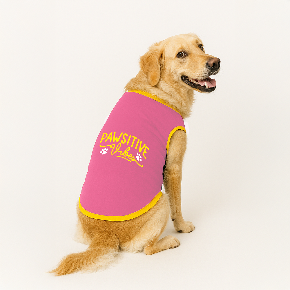 PawsIndia Pawsitive Vibes Printed with Ribbed Sleeves TShirt for Dogs (Pink)