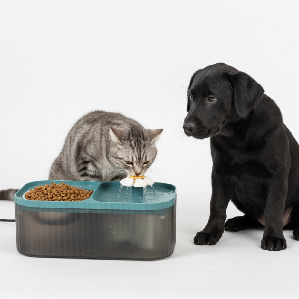 Skatrs Water Fountain with Food Bowl & Adapter for Dogs and Cats (Blue)