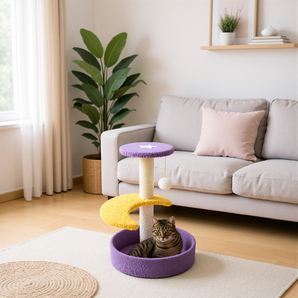 FurryLiving Astra 3Level Cat Tree for Cats & Kittens with Scratching Post and Hanging Toy for Cats image 2