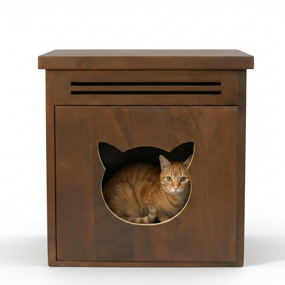 FurryLiving Meraki Cabinet with Cushion for Small Dogs and Cats (Dark Brown/ Red Cushion)