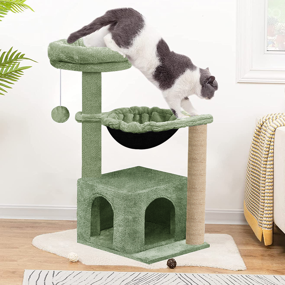 Furrlovers Cat Condo Activity Tree with Jute Scratcher, Hammock & Ball Toy (Green)