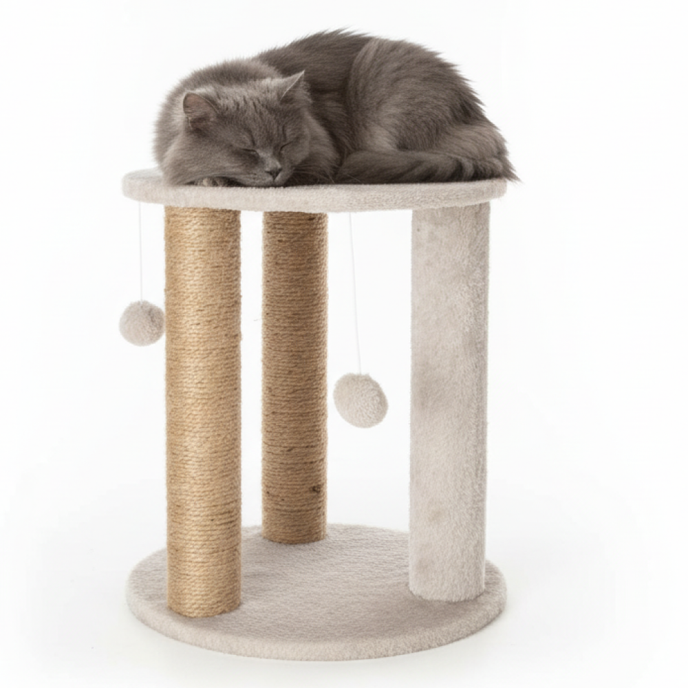 Skatrs Whisker Wonderland Circular Three Scratching Post with Hanging Pom Pom Cat Tree Toy (Grey)