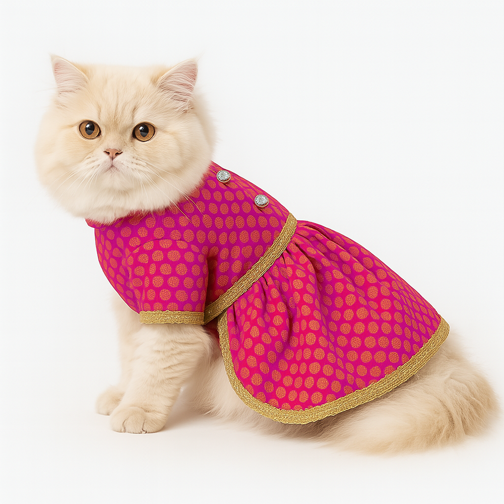 Pawsindia Traditional Royal Brocade Dress for Cats (Pink)