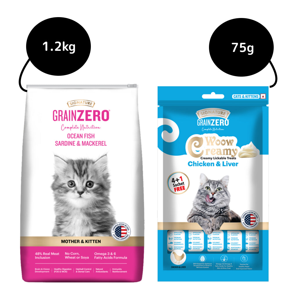 Signature Grain Zero Ocean Fish, Sardine and Mackerel Mother and Kitten Cat Dry Food and Grain Zero Chicken and Liver Lickable Creamy Cat Treats Combo image 1