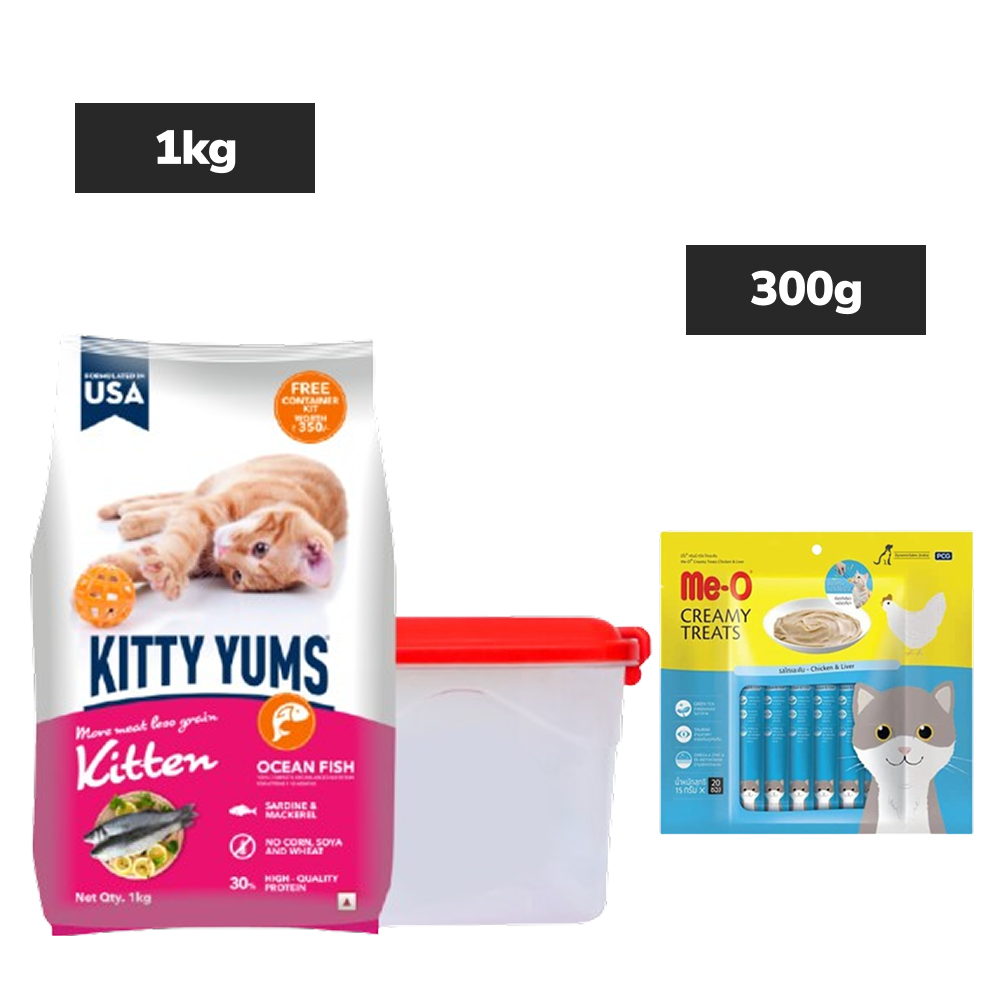 Kitty Yums Ocean Fish Kitten Dry Food, Me O Creamy Chicken Liver Cats Treats Combo image 1