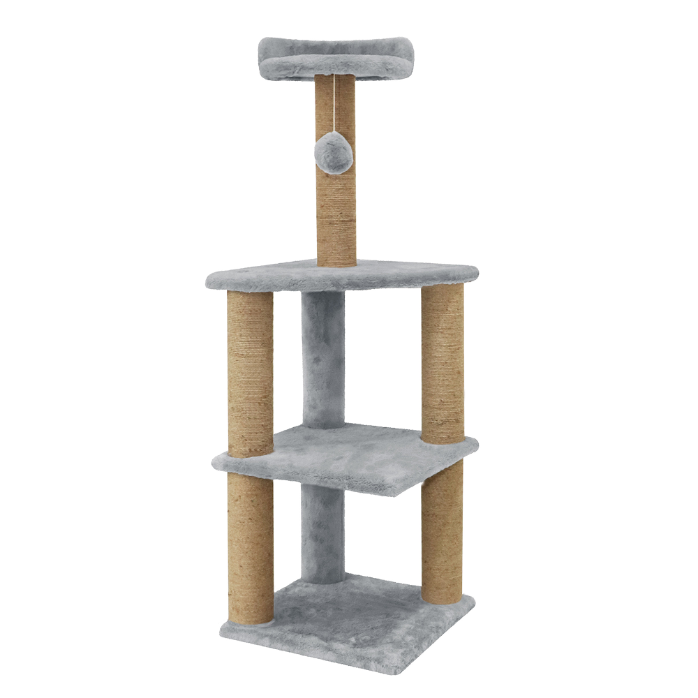 Furrlovers Three Floor Soft Fur Activity Cat Tree for Kittens & Cats with Scratching Post, Natural Sisal Rope & Hanging Ball (Grey)
