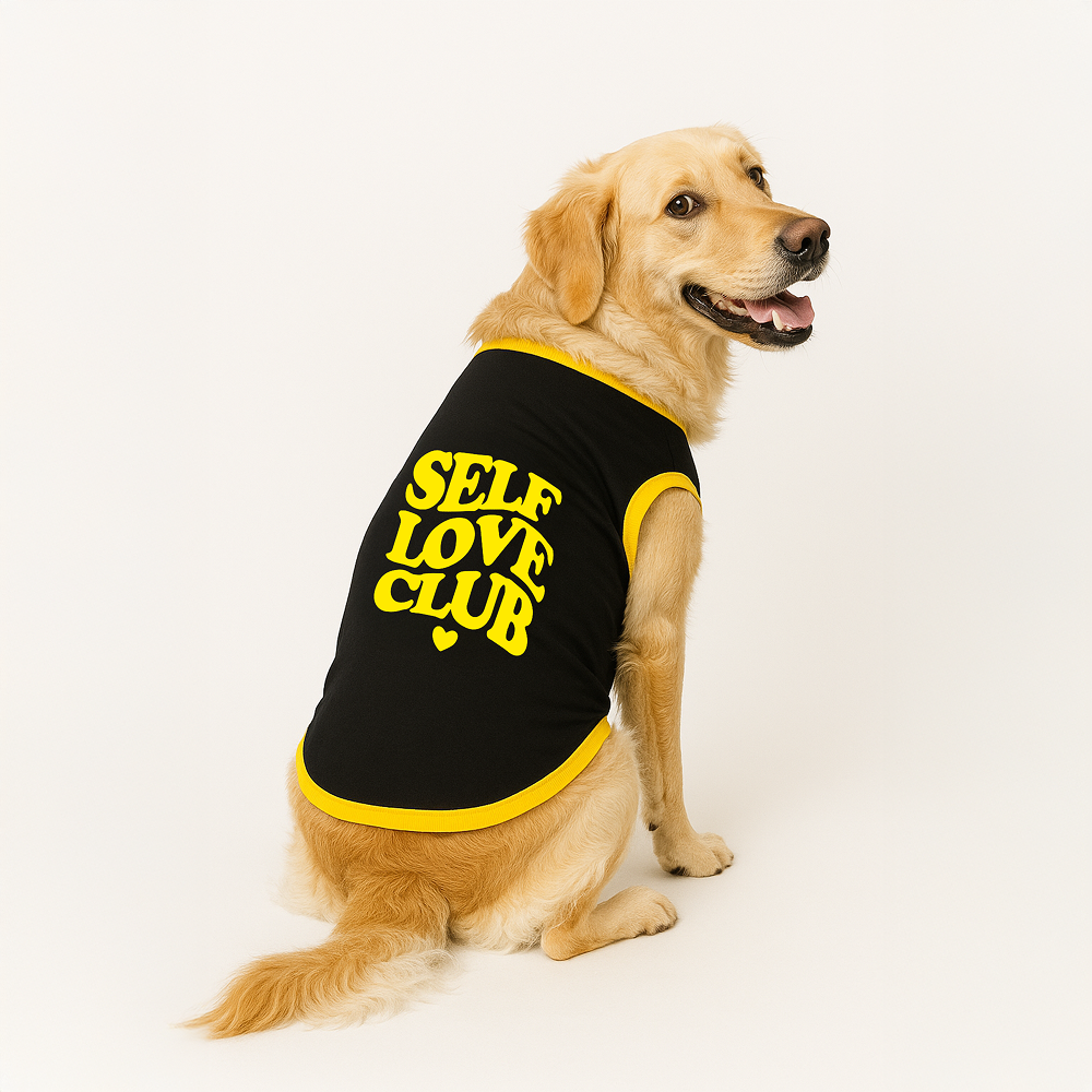 PawsIndia Self Love Club Printed with Ribbed Sleeves TShirt for Dogs (Black) image 1