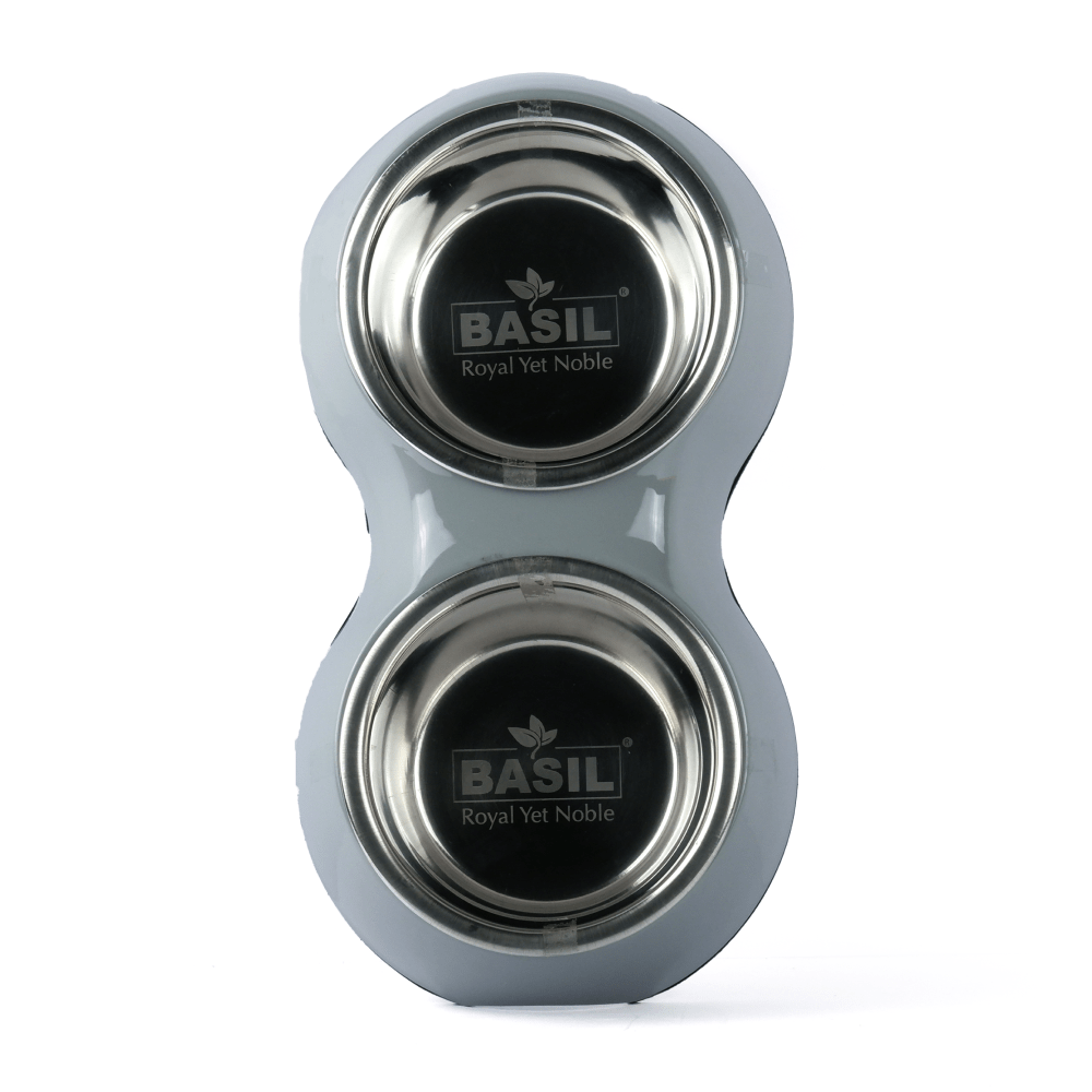 Basil Double Melamine Bowl Dinner Set for Dogs and Cats (Grey) image 2