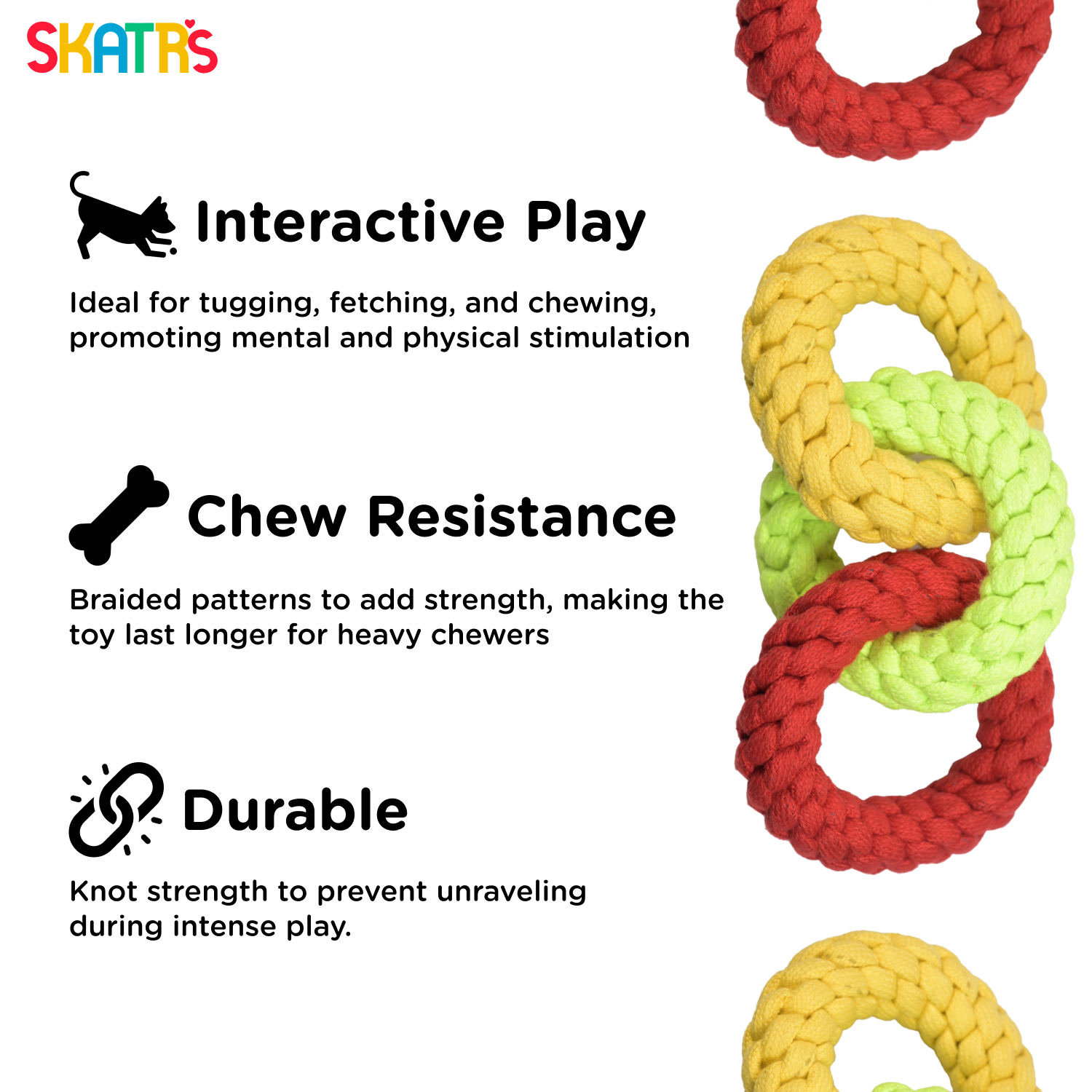 Skatrs Triple Ring Rope Chew Toy for Dogs and Cats (Neon Green/Red/Yellow) image 3