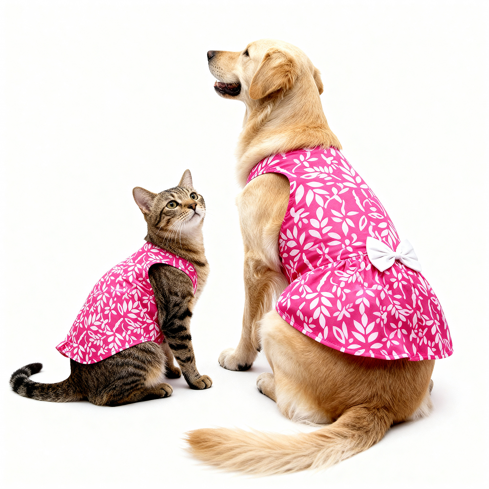 Skatrs Cotton Dress for Dogs and Cats (Hot Pink and White)