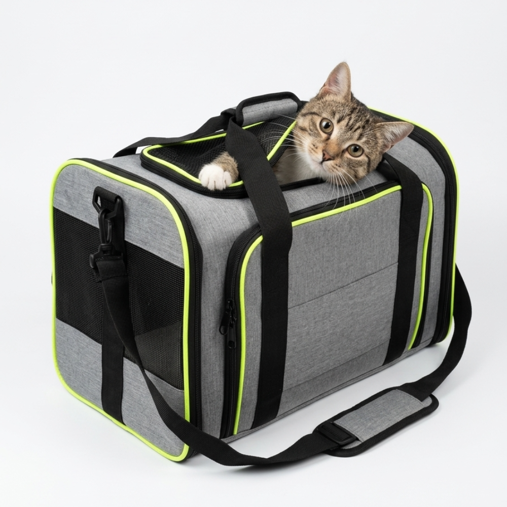 Skatrs Foldable Expandable Pet Travel Carrier Bag for Small Dogs, Adult Cats & Kittens (Grey with Neon Green)