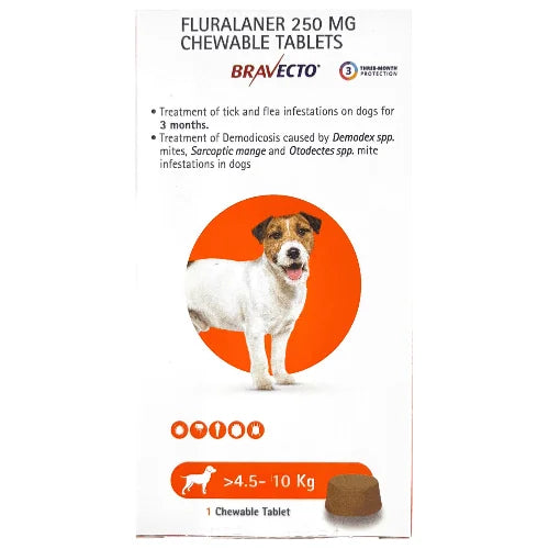 MSD Animal Health Bravecto 250mg (Fluralaner) Dog Tick & Flea Control Tablet (4.5 to 10 kg) (1 tablet)