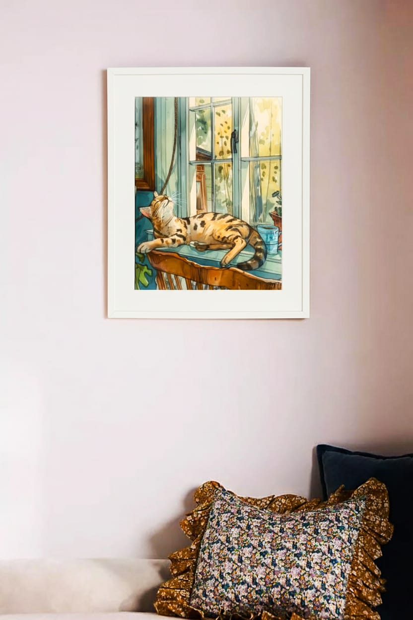 EverythingBoho The Chilling Cat Boho Wall Art (White) image 1